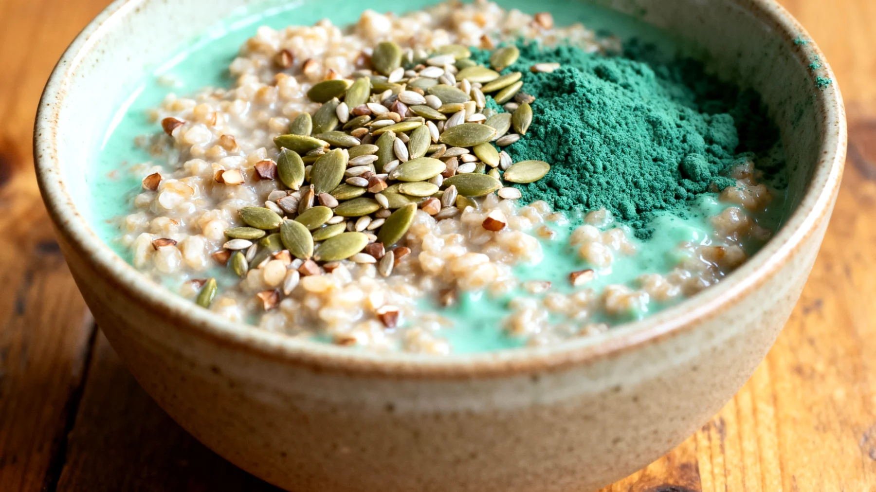Overnight oats au sarrasin avec graines de chanvre et spiruline"