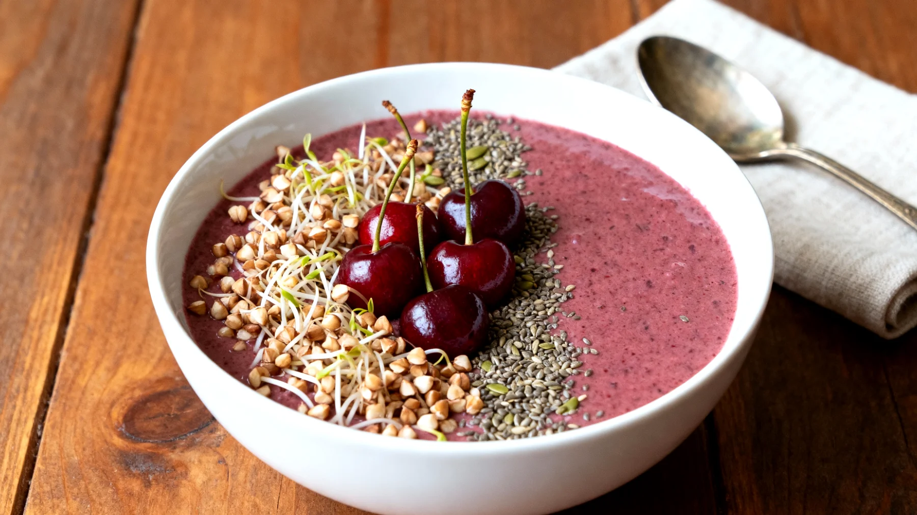 Smoothie bowl au sarrasin germé, cerises griottes et graines de chanvre"