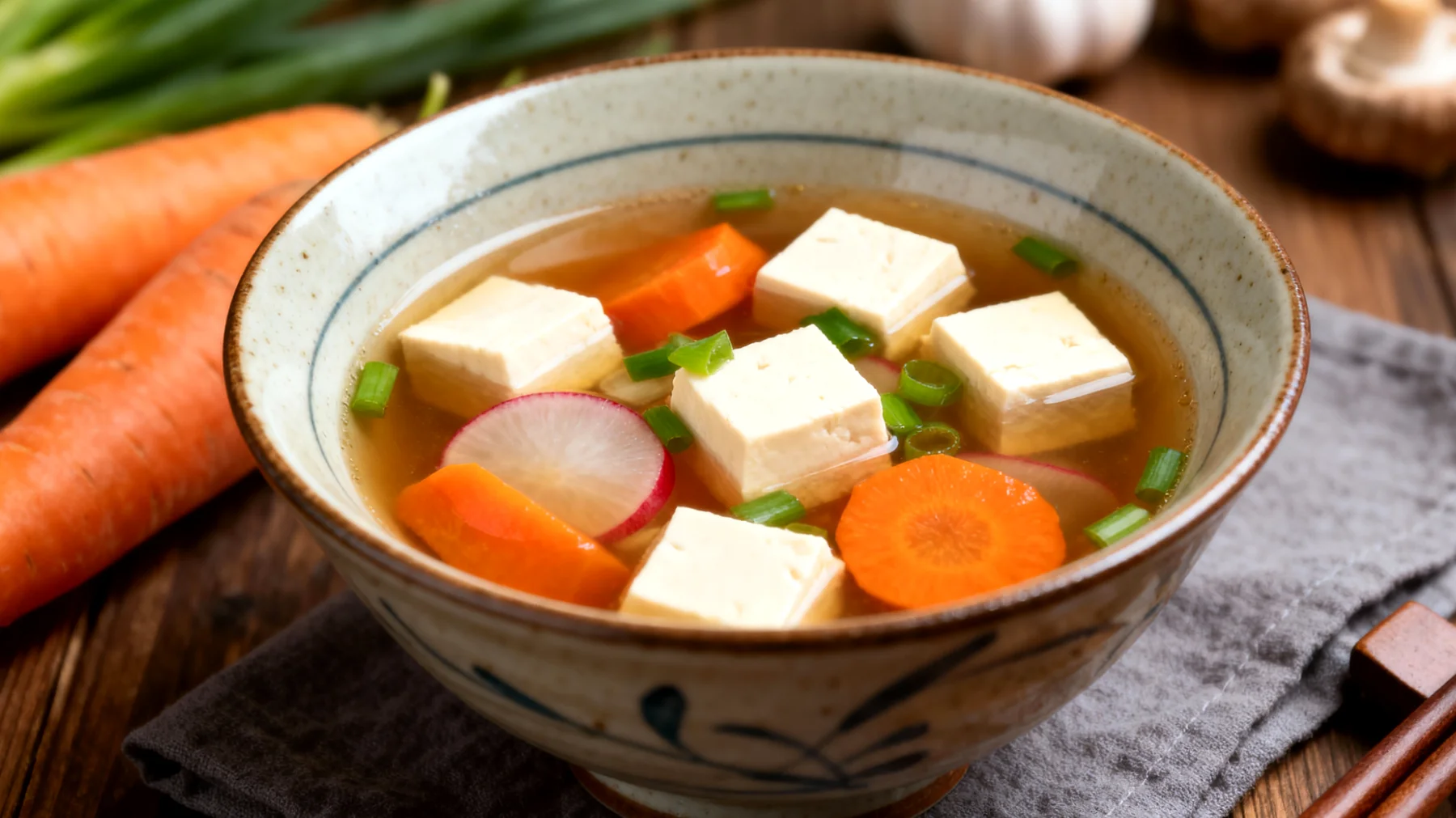 Soupe miso aux légumes racines et tofu soyeux"